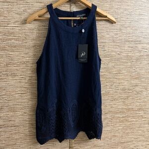 Adrianna Papell Gauzy Crochet Halter Top 100% Cotton MSRP 69$ Midnight Blue NWT